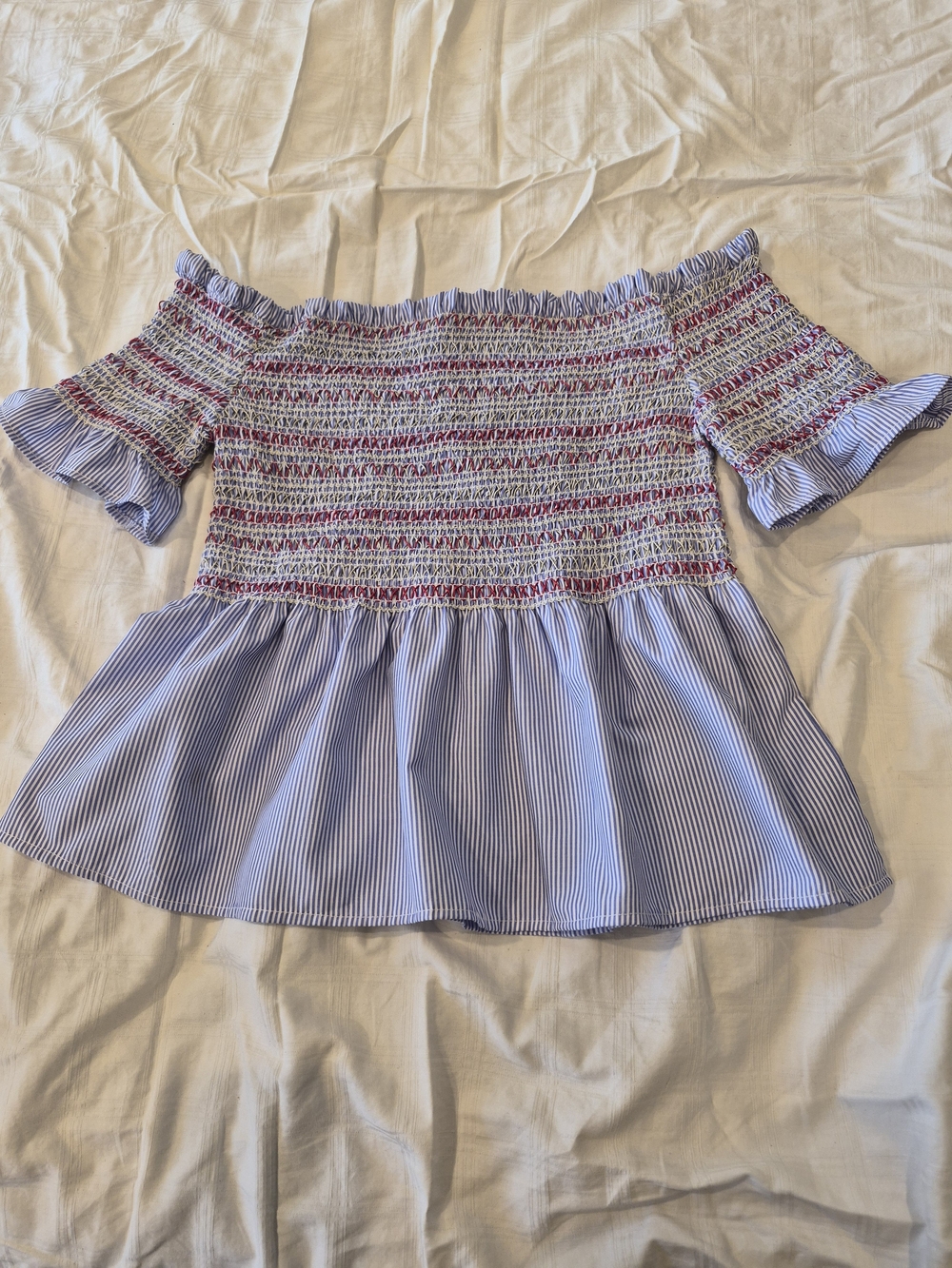 Style Envy Blue and Pink Off-Shoulder Smocked Peplum Top